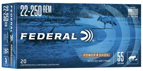 Federal Power-Shok 22-250 REM, SP, 55 Grains, 3650 fps, 20, Boxed