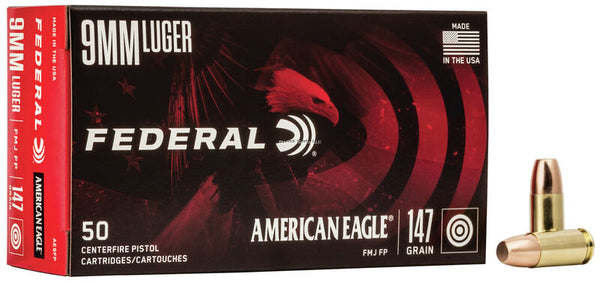 Federal American Eagle Pistol Ammo 9mm Luger 147Gr 50Rnd FMJ FP
