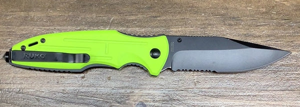 Ruko folding knife, with glass breaker, green