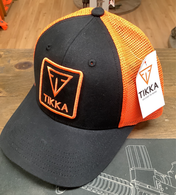 Tikka snap back trucker hat- black & orange