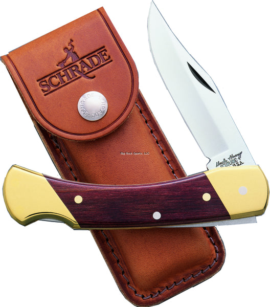 Uncle Henry LB7 Bear Paw Lockback Folding Pocket Knife, 3.7" Clip Point Blade, Wood Handles, Brown Leather Belt Sheath