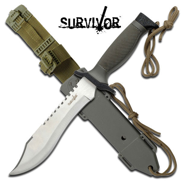 SURVIVOR KNIFE – 12″ – SILVER REVERSE SAWBACK 0 BROWN RUBBER HANDLE