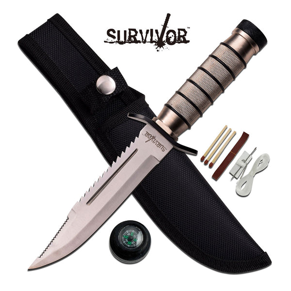 SURVIVOR KNIFE 9.5″, DOUBLE REVERSE SERRATED BLADE – SURVIVAL KIT/COMPASS