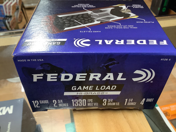 Federal Game Load- Hi-Brass Shotshell 12 GA, 2.75 ", #4, 1330fps
