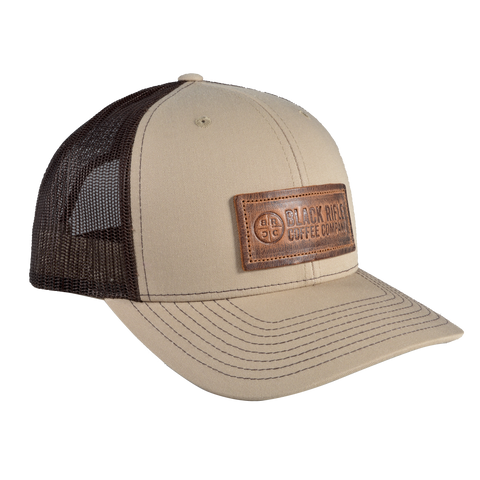 BRCC Tan with Brown Mesh LEATHER PATCH TRUCKER HAT – Hunters